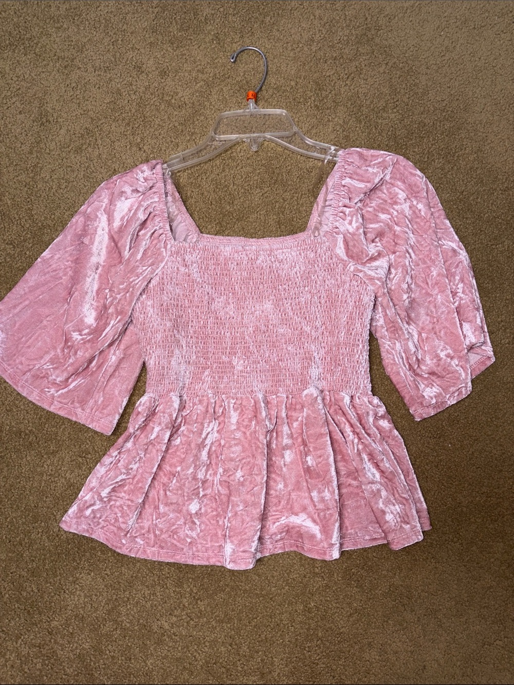 Pink Velvet Square-Neck Peplum Top